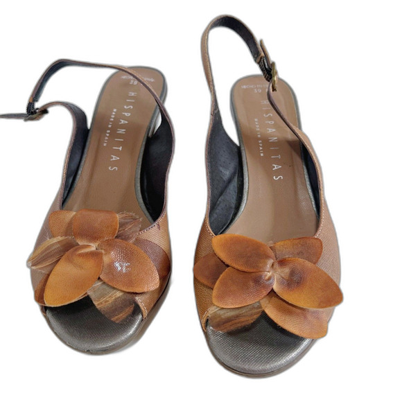 Hispanitas Tan Leather Strappy Slingback Heels Flower Detail Women's Size 8 US - Picture 6 of 8